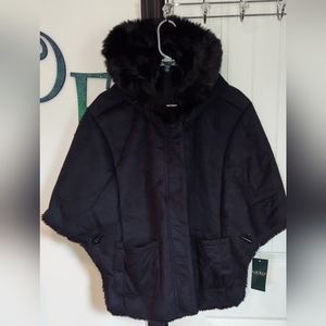 Ralph Lauren black faux shearling hooded poncho